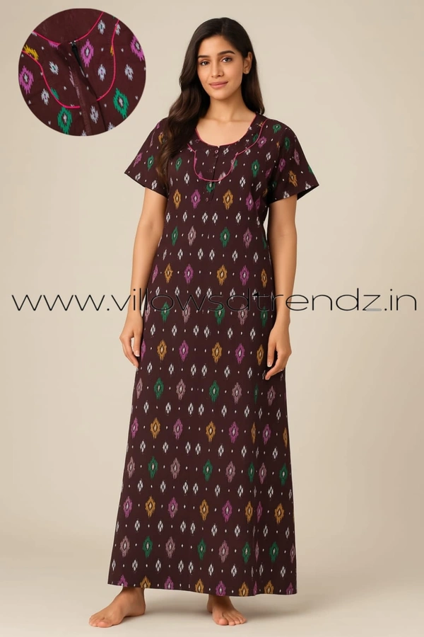 Ruthvi Ethnics Night Gown| Nighty| Piping wIth Zip Model | Maroon | NT190057 - XL, Maroon