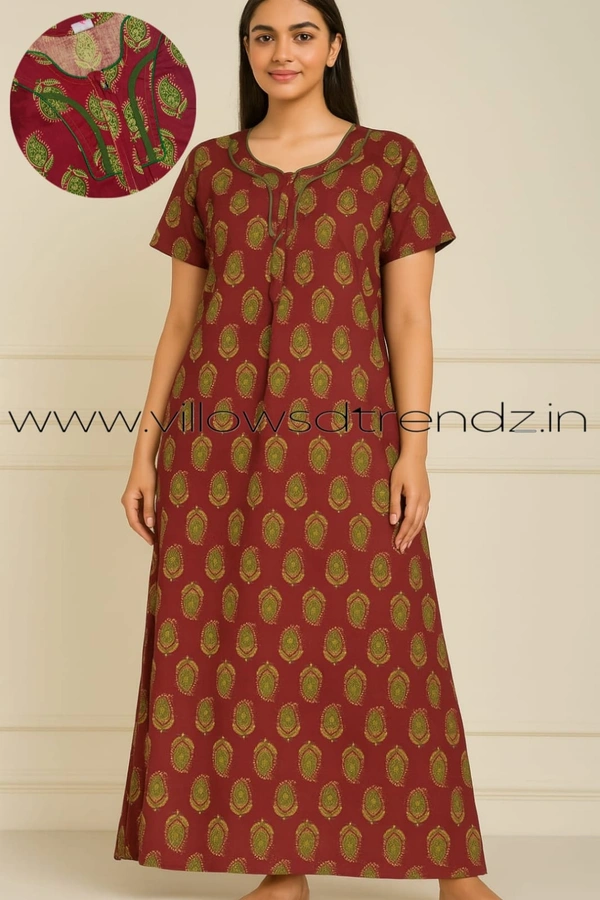 Ruthvi Ethnics Night Gown| Nighty| Piping wIth Zip Model |Maroon| NT190039 - XL, Maroon