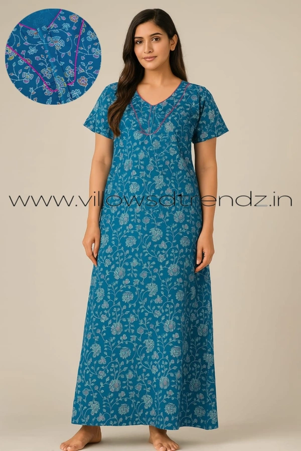 Ruthvi Ethnics Night Gown| Nighty| Piping wIth Zip Model |Rani pink | NT190055 - XL, Sky blue