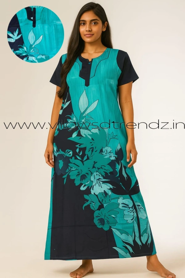 Ruthvi Ethnics Night Gown| Nighty| Piping wIth Zip Model |Sky Blue | NT19006 - 3XL, Sky Blue