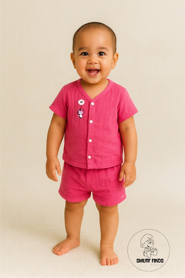 Smurf Finds Organic Cotton Muslin Unisex Cord Set| 100% Cotton| Perferct for Babies|Safe Prints|Pack Contains 1 Tshirt and 1 Bottom| Rani Pink| SMCD14404 - 1 -2 yr, Rani Pink