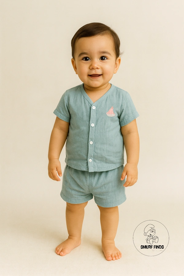 Smurf Finds Organic Cotton Muslin Unisex Cord Set| 100% Cotton| Perferct for Babies|Safe Prints|Pack Contains 1 Tshirt and 1 Bottom| Sky Blue| SMCD14401 - 6 - 9 mon, Sky Blue