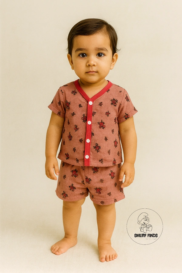 Smurf Finds Organic Cotton Muslin Unisex Cord Set| 100% Cotton| Perferct for Babies|Safe Prints|Pack Contains 1 Tshirt and 1 Bottom| Red | SMCD14406 - 9 -12 mon, Red