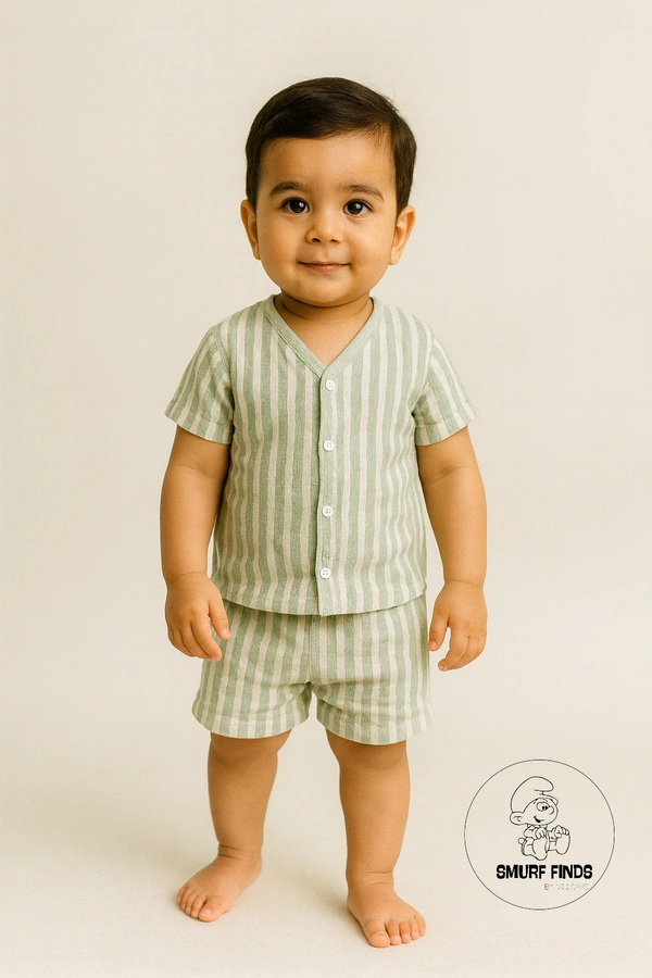 Smurf Finds Organic Cotton Muslin Unisex Cord Set| 100% Cotton| Perferct for Babies|Safe Prints|Pack Contains 1 Tshirt and 1 Bottom| Olive Green| SMCD14403 - 9 -12 mon, Olive Green
