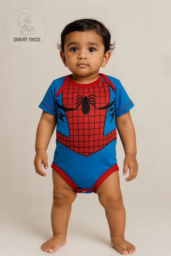 Smurf Finds Organic Cotton Unisex Rompers| 100% Cotton| Perferct for Babies|Safe Prints| Blue With Red| SMRM4206 - 3-6 Month, Blue With Red