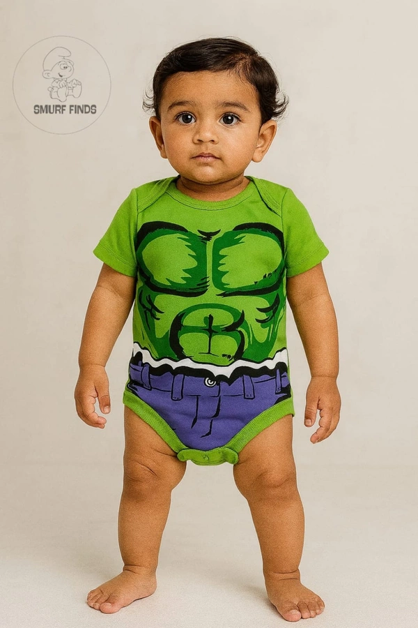 Smurf Finds Organic Cotton Unisex Rompers| 100% Cotton| Perferct for Babies|Safe Prints| Green | SMRM4205 - 3-6 Month, Green