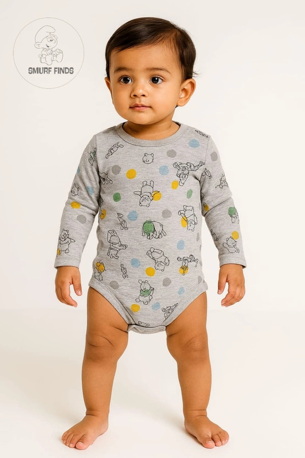 Smurf Finds Organic Cotton Unisex Rompers| 100% Cotton| Perferct for Babies|Safe Prints| Ash | SMRM42015 - 12 Month, Ash