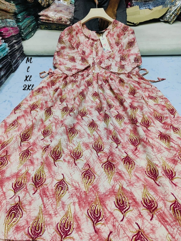 Liva Queen Peacock Feather Printed Red Umbrella Kurti UM825 - M, Red
