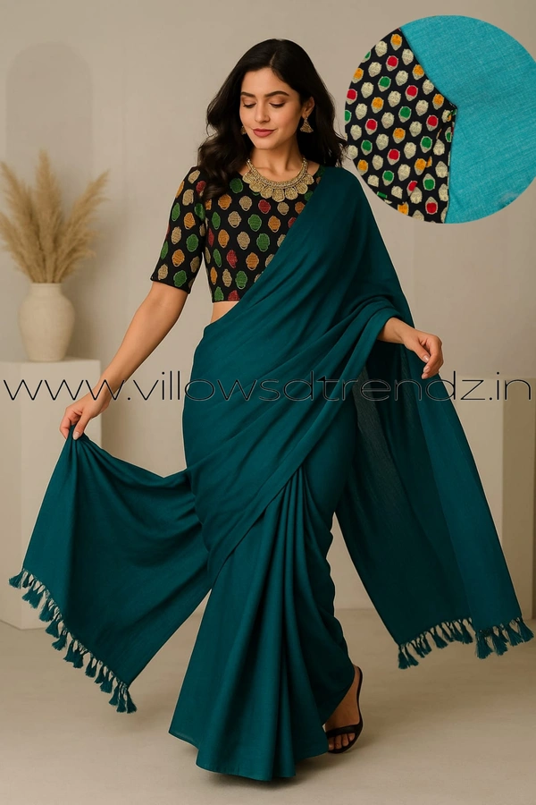 Ruthvi Ethincs Plain Khadi With Blouse PK23021014 - Sky Blue, Saree With Blouse