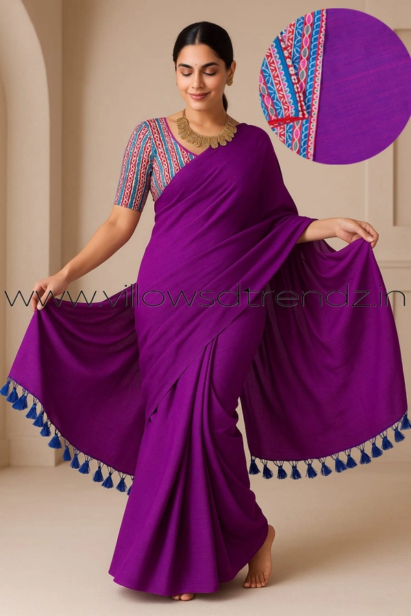 Ruthvi Ethincs Plain Khadi With Blouse PK23021021 - Purple, Saree With Blouse