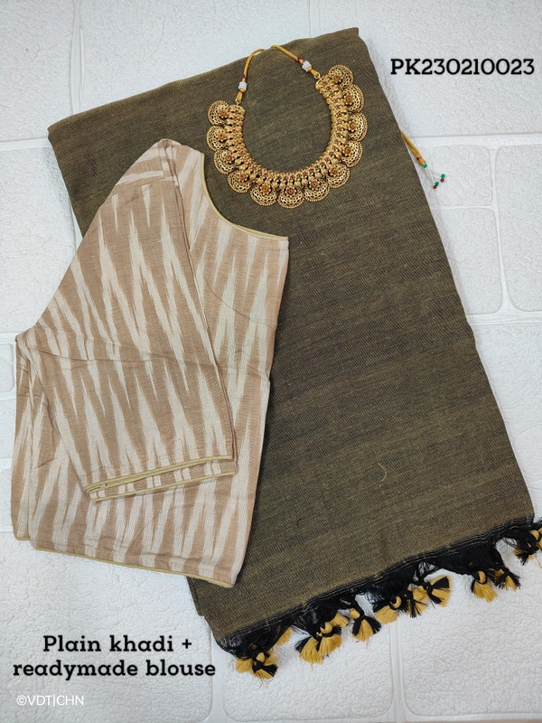 Ruthvi Ethincs Plain Khadi With Blouse PK23021023 - Saree With Blouse, Grey