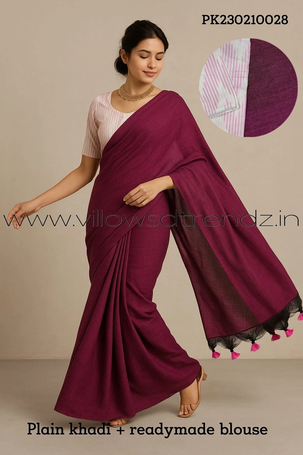 Ruthvi Ethincs Plain Khadi With Blouse PK23021028 - Light Purple, Saree With Blouse