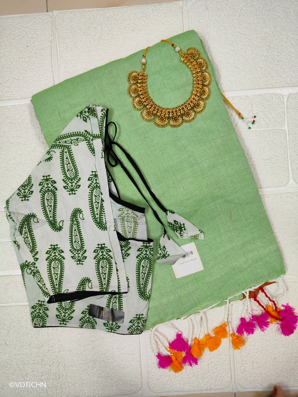 Ruthvi Ethincs Plain Khadi With Blouse PK23021035 - Saree With Blouse, Peach Green