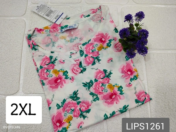 Twill Blue Plus Size Side Cut Liva Kurti LIPS1261 - 2XL, White With Pink Florel