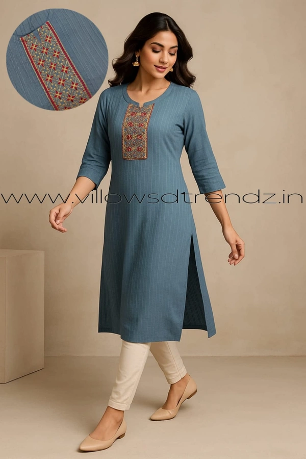 Twill Blue Popcorn Kurti POP210016 - Blue, M