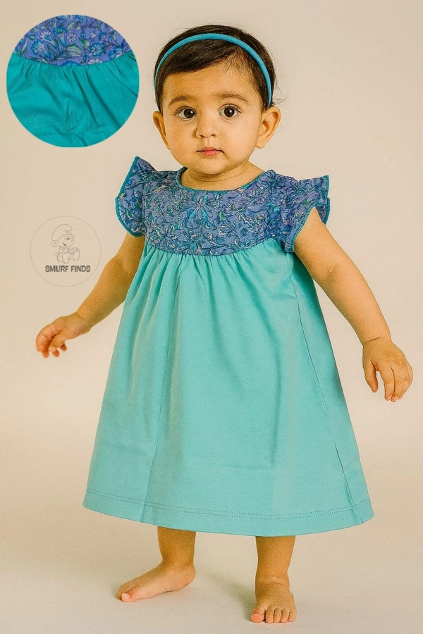 Smurf Finds Premium Cotton Printed Organic Cotton Frock for Girls| 100% Cotton|  Sky Blue | SMDF9303 - 1-2 Yr, Sky Blue