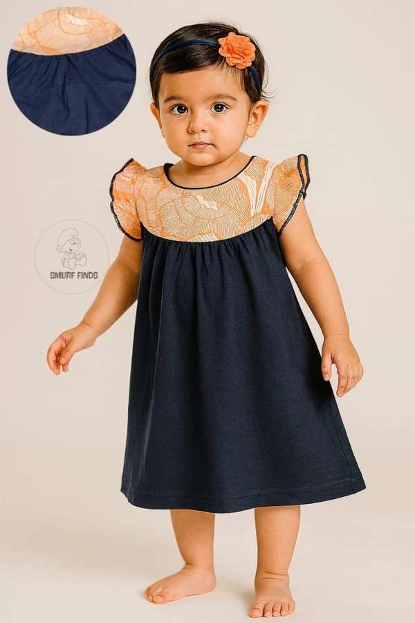 Smurf Finds Premium Cotton Printed Organic Cotton Frock for Girls| 100% Cotton| Ink Blue | SMDF9307 - 1-2 Yr, Ink blue