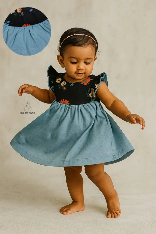 Smurf Finds Premium Cotton Printed Organic Cotton Frock for Girls| 100% Cotton| Sky Blue | SMDF93010 - 1-2 Yr, Sky Blue