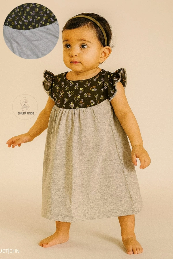 Smurf Finds Premium Cotton Printed Organic Cotton Frock for Girls| 100% Cotton|  Grey | SMDF93011 - 2-4 Yr, Grey