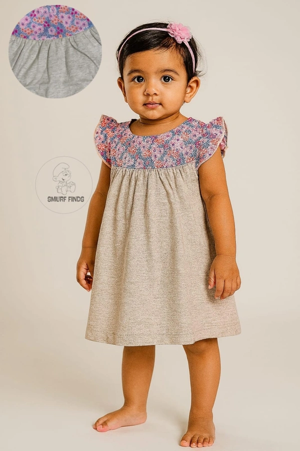 Smurf Finds Premium Cotton Printed Organic Cotton Frock for Girls| 100% Cotton| Ash | SMDF9308 - 1-2 Yr, Ash