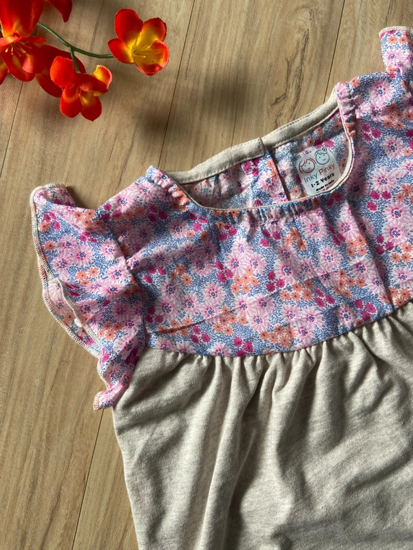 Smurf Finds Premium Cotton Printed Organic Cotton Frock for Girls| 100% Cotton| Ash | SMDF9308 - 1-2 Yr, Ash