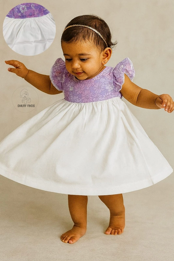 Smurf Finds Premium Cotton Printed Organic Cotton Frock for Girls| 100% Cotton|  White | SMDF9309 - 6-12 Month, White