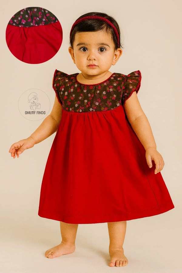 Smurf Finds Premium Cotton Printed Organic Cotton Frock for Girls| 100% Cotton|  Red | SMDF9305 - 6-12 Month, Red