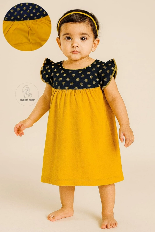 Smurf Finds Premium Cotton Printed Organic Cotton Frock for Girls| 100% Cotton|  Mustered Yellow | SMDF9306 - 6-12 Month, Mustered Yellow