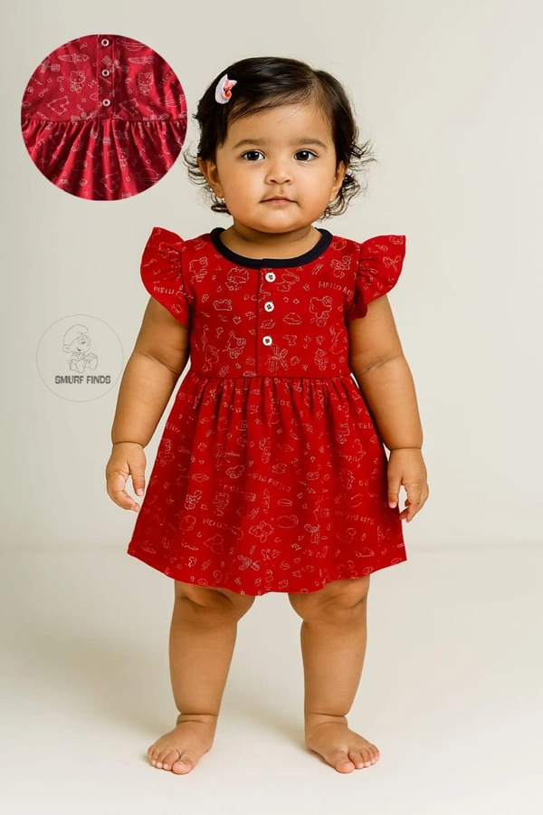 Smurf Finds Premium Cotton Printed Organic Cotton Frock for Girls| 100% Cotton| Front Openable Buttons| Red| SMFCKIY12304 - 9-12 Month, Red