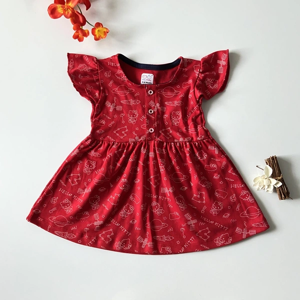 Smurf Finds Premium Cotton Printed Organic Cotton Frock for Girls| 100% Cotton| Front Openable Buttons| Red| SMFCKIY12304 - 9-12 Month, Red
