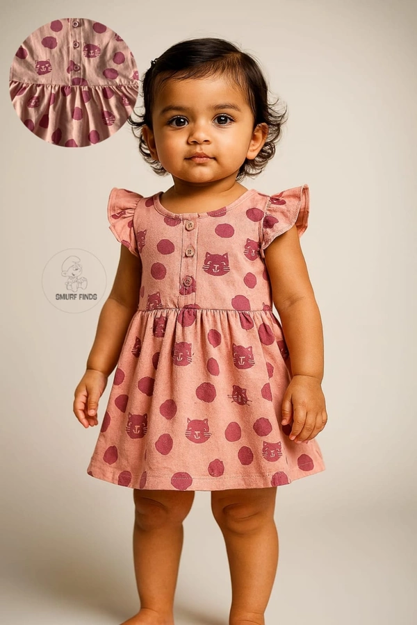 Smurf Finds Premium Cotton Printed Organic Cotton Frock for Girls| 100% Cotton| Front Openable Buttons| Baby Pink| SMFCKIY12301 - 2-4 Yr, Baby Pink