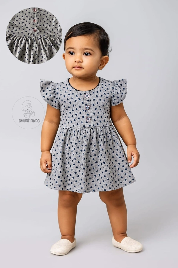 Smurf Finds Premium Cotton Printed Organic Cotton Frock for Girls| 100% Cotton| Front Openable Buttons| Ash| SMFCKIY12306 - 6-9 Month, Ash