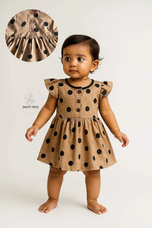 Smurf Finds Premium Cotton Printed Organic Cotton Frock for Girls| 100% Cotton| Front Openable Buttons| Light Brown | SMFCKIY12305 - 9-12 Month, Light Brown