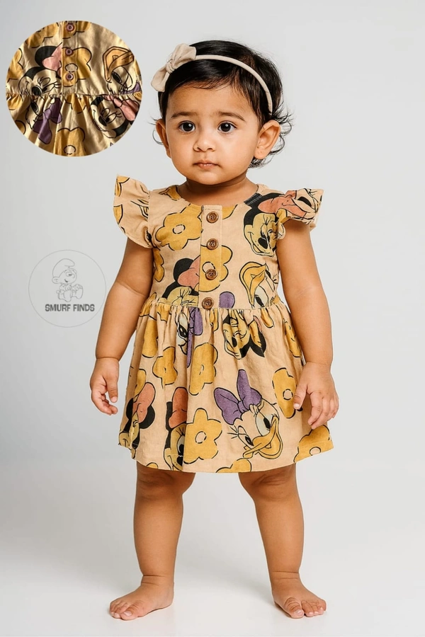 Smurf Finds Premium Cotton Printed Organic Cotton Frock for Girls| 100% Cotton| Front Openable Buttons| Peach Brown| SMFCKIY12302 - 9-12 Month, Peach Brown
