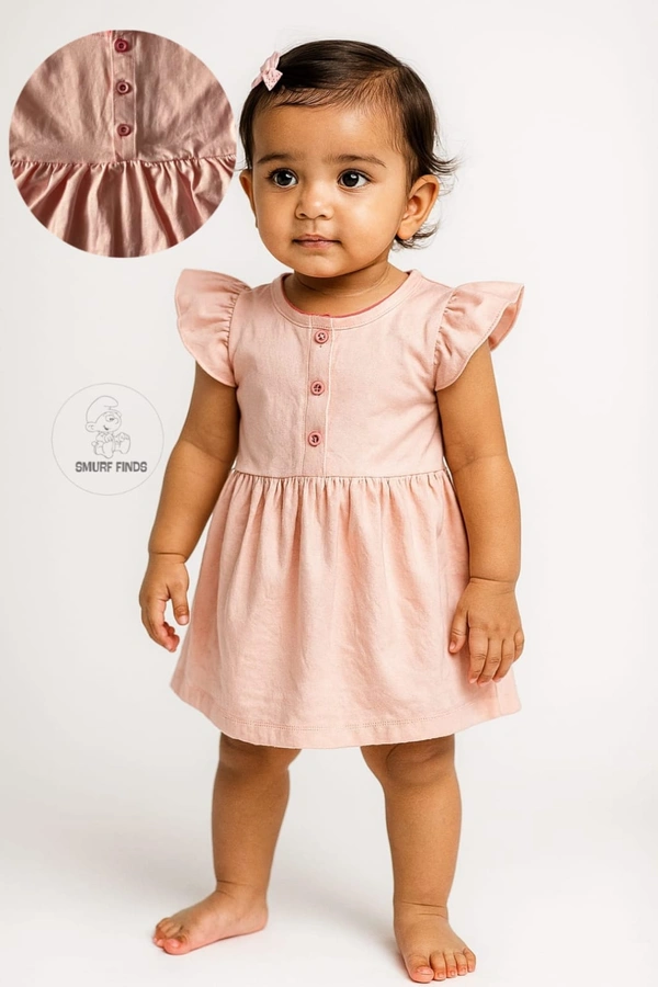 Smurf Finds Premium Cotton Printed Organic Cotton Frock for Girls| 100% Cotton| Front Openable Buttons| Peach| SMFCKIY12303 - 9-12 Month, Peach