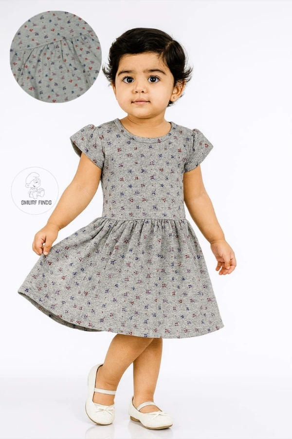 Smurf Finds Premium Cotton Printed Organic Cotton Frock for Girls| 100% Cotton| Ash  |SMF11023 - 2-3 Year, Ash