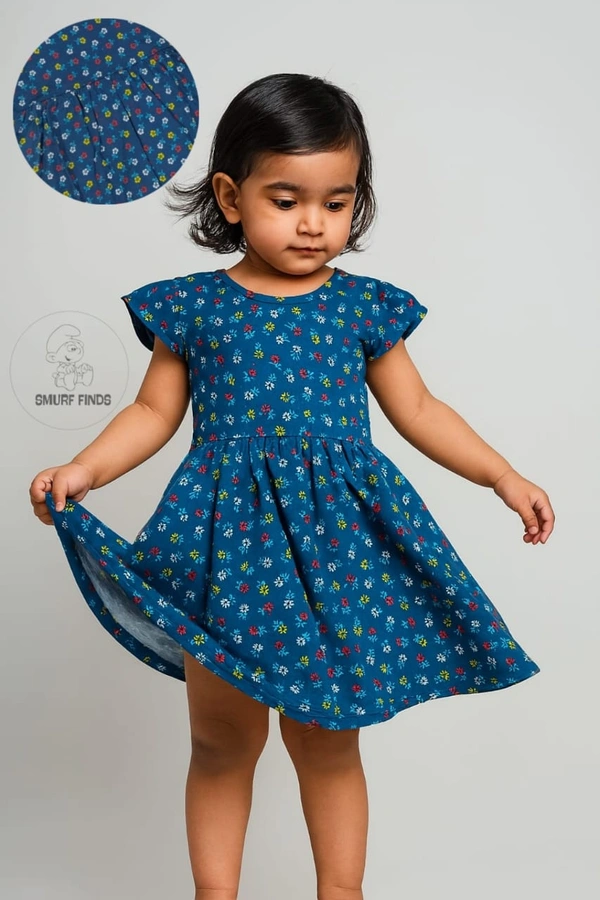 Smurf Finds Premium Cotton Printed Organic Cotton Frock for Girls| 100% Cotton| Blue |SMF11009 - 5-6 year, Blue