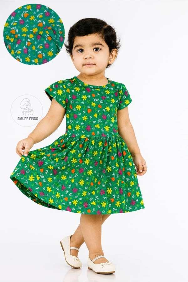 Smurf Finds Premium Cotton Printed Organic Cotton Frock for Girls| 100% Cotton| Green  |SMF11022 - 5-6 year, Green