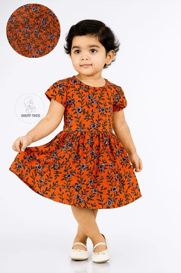 Smurf Finds Premium Cotton Printed Organic Cotton Frock for Girls| 100% Cotton| Orange |SMF11021 - 2-3 Year, Orange