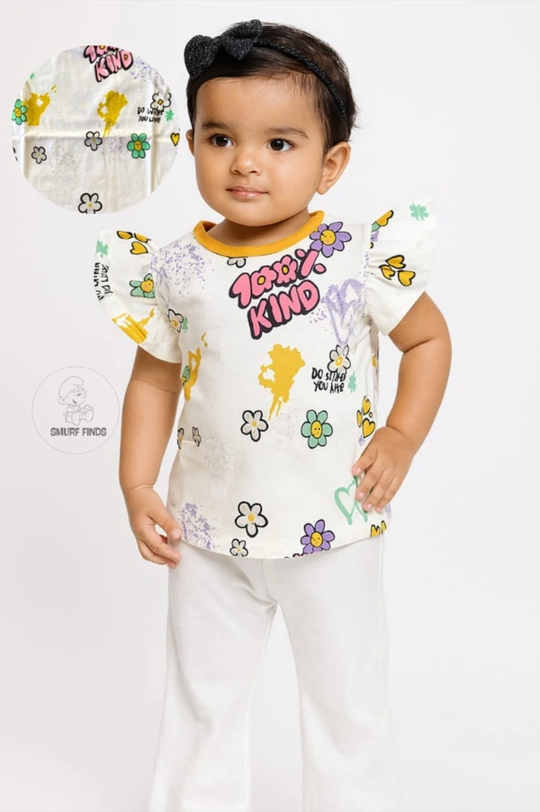 Smurf Finds Premium Cotton Printed Organic Cotton TShirt for Girls| 100% Cotton| Back Buttons|  White | SMTE7301 - 0-6 Month, White