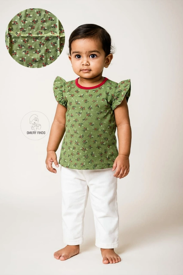 Smurf Finds Premium Cotton Printed Organic Cotton TShirt for Girls| 100% Cotton| Back Buttons|  Green | SMTE73015 - 0-6 Month, Green