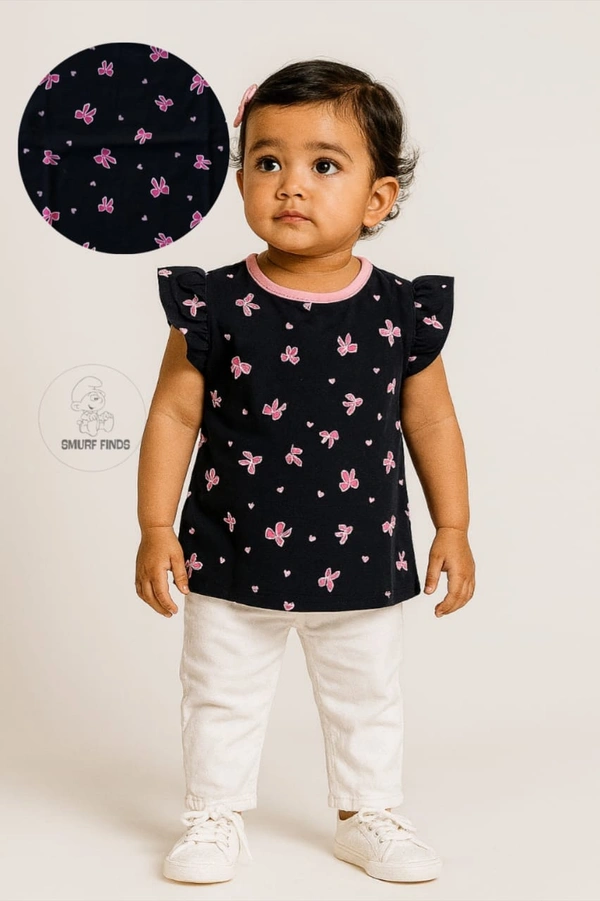 Smurf Finds Premium Cotton Printed Organic Cotton TShirt for Girls| 100% Cotton| Back Buttons|  Black | SMTE7303 - 0-6 Month, Black