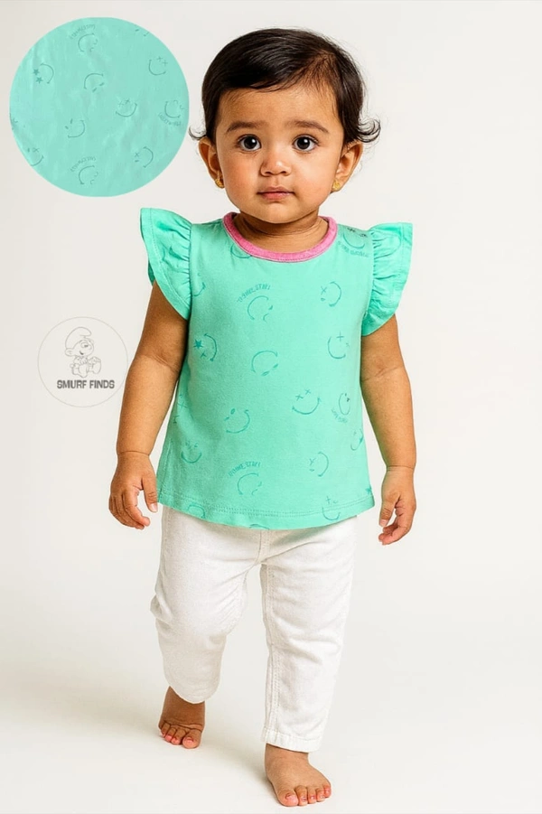 Smurf Finds Premium Cotton Printed Organic Cotton TShirt for Girls| 100% Cotton| Back Buttons|  Sky blue  | SMTE7309 - 4-6 Yr, Sky Blue