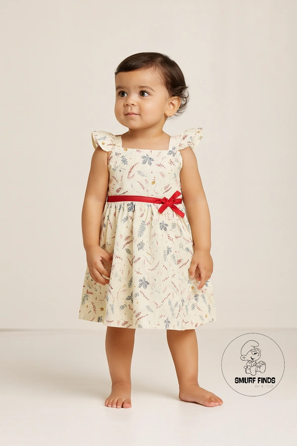 Smurf Finds Premium Woven Printed Organic Cotton Frock| 100% Cotton| Cream| SMWF169007 - 18 mon, Cream