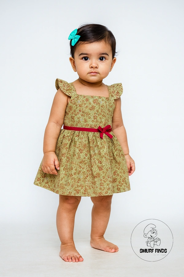 Smurf Finds Premium Woven Printed Organic Cotton Frock| 100% Cotton| Green| SMWF169001 - 18 mon, Green