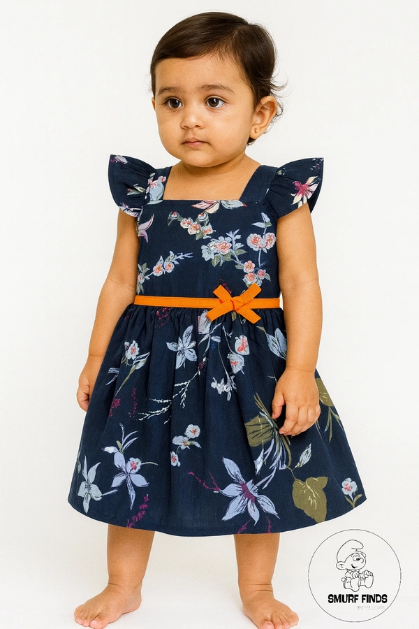 Smurf Finds Premium Woven Printed Organic Cotton Frock| 100% Cotton| Blue| SMWF169003 - 6 mon, Blue