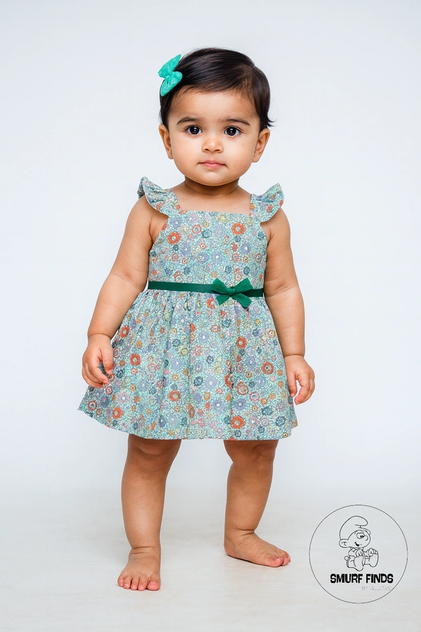 Smurf Finds Premium Woven Printed Organic Cotton Frock| 100% Cotton| Green| SMWF169006 - 12 mon, Green