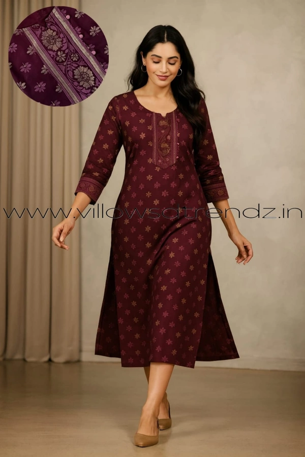 Twill Blue Rayon Kurta| Side cut| 3/4 Sleeve| Beetroot Colour| LI22007 - S, Beetroot Colour