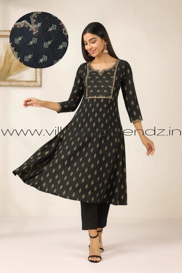Twill Blue Rayon Kurta| Side cut| 3/4 Sleeve| Black| FL22002| - S, Black