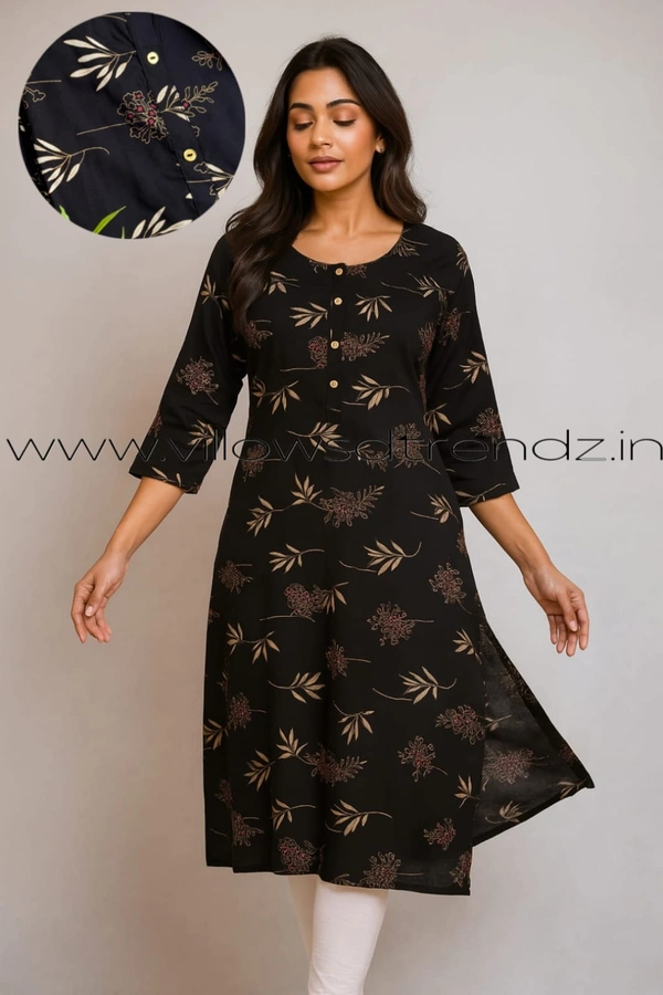 Aarvija Rayon Kurta| Side cut| 3/4 Sleeve| Black | LI193004 - 2XL, Black